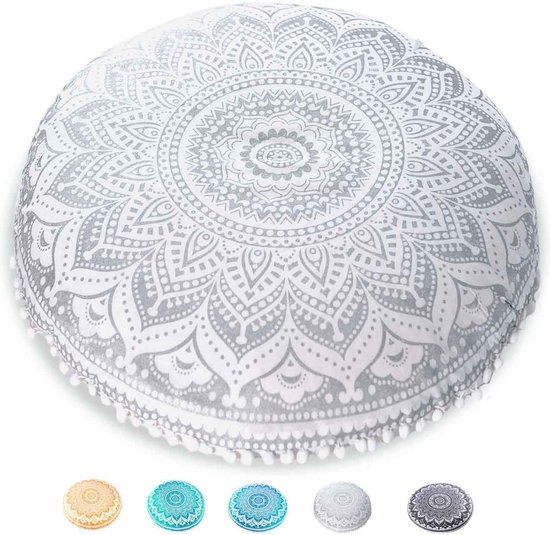 Ronde kussensloop voor vloerkussen, bohemian stijl, voor yoga kussen, meditatiekussen in mandala design, diameter 75 cm, van handbedrukt, natuurlijk katoen, patroon: blauwe lotus van FIFILARY.