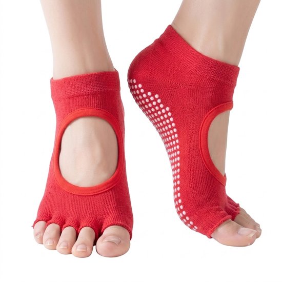 Rood antislip pilates sokken dames ademende yoga sokken met kruisband en split teen siliconen antislip zool open tenen sport sokken voor pilates yoga barre dans fitness maat 36-40