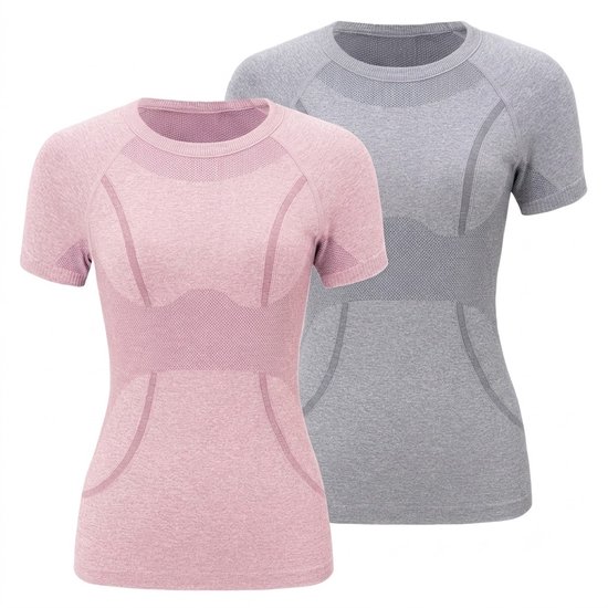 Roze grijze sport tops dames set van 2 pilates T-shirts fitness shirts yoga shirts korte mouwen ronde hals aansluitend hardloop shirts naadloos design euro maat M