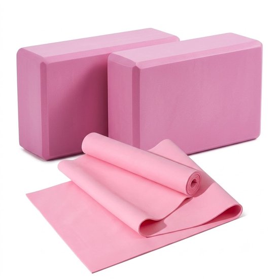 Roze Pilates blokken yoga blokken set unisex 3 delig met 2 EVA schuim yoga blokken en TPE weerstandsband fitness hulpmiddel voor yoga pilates stretching balans en mobiliteit
