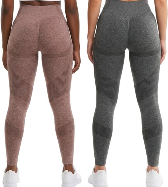 Rozebruine en donkergrijze yoga legging dames 2 pack naadloze hoge taille sport legging pilates legging buik controle butt lifting fitness legging ademende stretch workout broek M