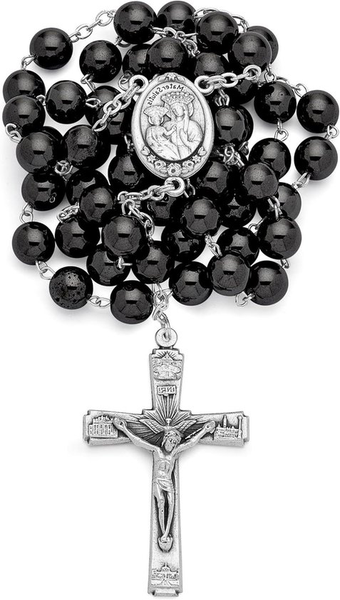 Rozenkrans Ketting - Gebedssnoer Katholiek - Spirituele Reflectie - Hematiet Edelstenen - 50 cm - Zilver Grijs