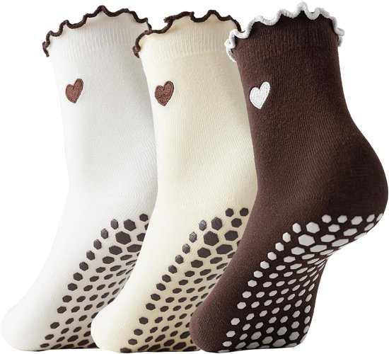 Ruffle Hart Yoga Sokken - Ruffle Hart Pilates Sokken - Antislip Gripzolen - Schattig Geborduurd Hart - Geborsteld Katoen - 3 Paren Dames Maat S-M-L - Voor Yoga Pilates Dans Fitness