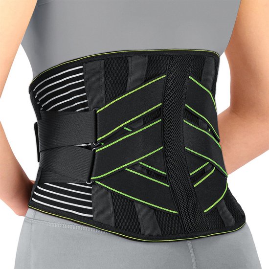 Rugsteunbanden met metalen steunstangen, unisex, comfortabel en ademend, met een verwijderbaar 3D-lumbaal kussen voor effectieve ondersteuning van de onderrug, geschikt voor werk en sport - M