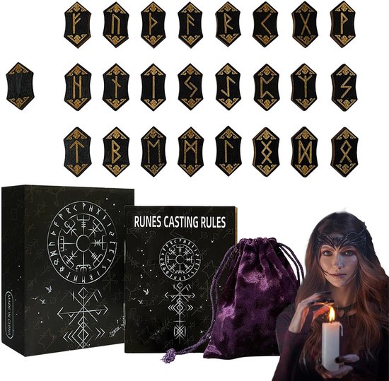 Runen Houten Set - Meditatie Runen - Spirituele Verbinding - Gedetailleerd Houtsnijwerk - 10 x 8 x 3.4 cm