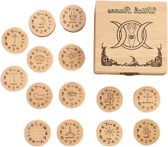 Runen Set Hout - Noorse Waarzeggerij - Spirituele Oefening - Authentiek Gegraveerd - 12 x 12 x 6 cm