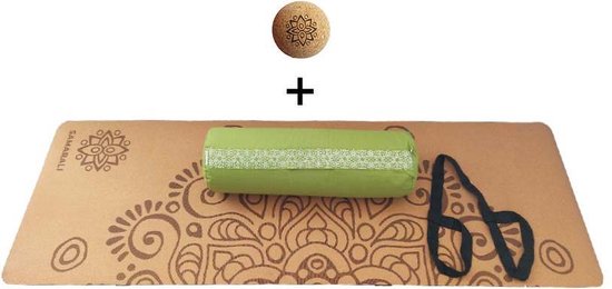 Samarali Groene Yin Yoga Set Moon - Kurk Mat, Bolster & Massagebal - Natuurlijk en Ethisch Geproduceerd van Samarali