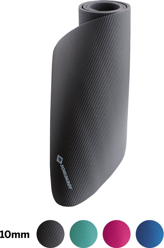 Schildkröt fitnessmat 10mm antislip grijs met draagriem en tips.