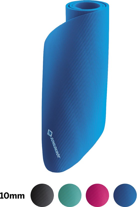 Schildkröt fitnessmat blauw 10mm antislip met draagriem en tips.