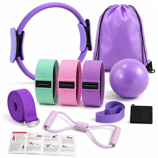 Sercano 9-Delige Pilates Set – Pilates Ring 38 cm, Pilatesbal 25 cm, 3 Weerstandsbanden, Stretchband, Figuur-8 Expander, Yogariem en Opbergtas