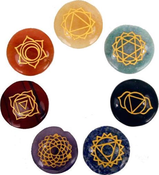 SET 7 chakra symbolen ronde halfedelstenen - 3.5 - Edelsteen - S van Merkloos