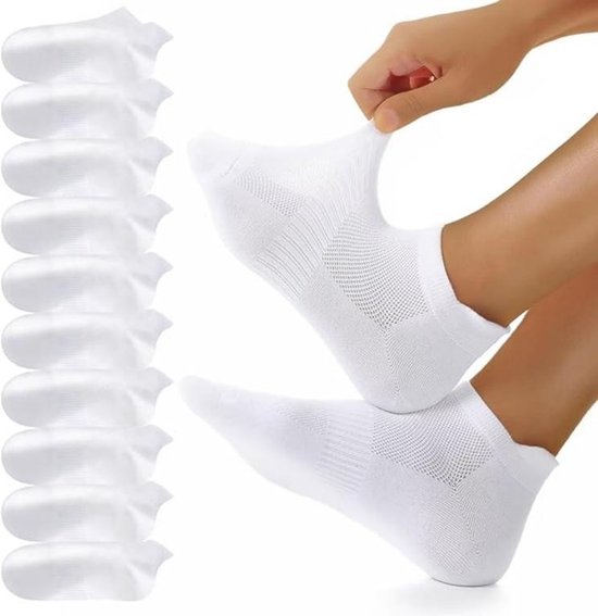 Set van 10 paar - Unisex laag uitgesneden katoenen sokken - Ademende, antislip sportsokken - Sokken met mesh-structuur - Enkelsokken voor hardlopen en sport - Lichtgewicht katoenen sokken - Maat S - Wit - maat 35—38 van Merkloos