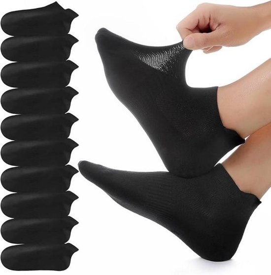 Set van 10 paar – Unisex lage katoenen sokken – Ademende, antislip sportsokken – Sokken met mesh-structuur – Enkelsokken voor hardlopen en sport – Lichtgewicht katoen – Maat S – Zwart - maat 35—38 van Merkloos