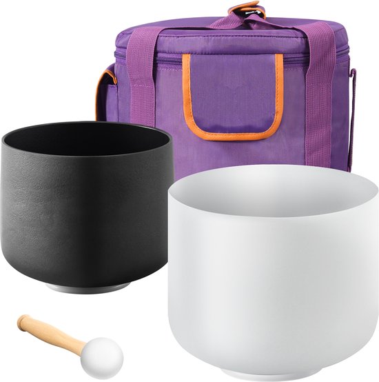 Set van 2 Kristallen Klankschalen, 203 mm en 254 mm diameter, A- en F-toon – Matte quarts klankschalen met draagtas, rubberen hamer en O-ringen – Geschikt voor meditatie van Merkloos