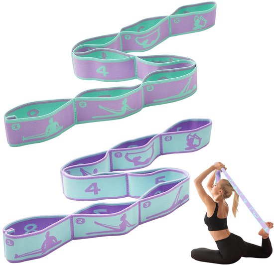 Set van 2 weerstandsbanden met 8 slingen, Yoga band, voor stretches en een effectieve yoga training, Fitness band, stretch band en oefening band in één, ideaal voor de van Merkloos