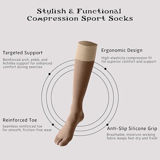 Set van 3 paar antislip compressiesokken voor dames met vijfvingerig ontwerp, geschikt voor yoga, pilates, dans, fitness, barre en gymnastiek, veelkleurig, one size fits all van Merkloos