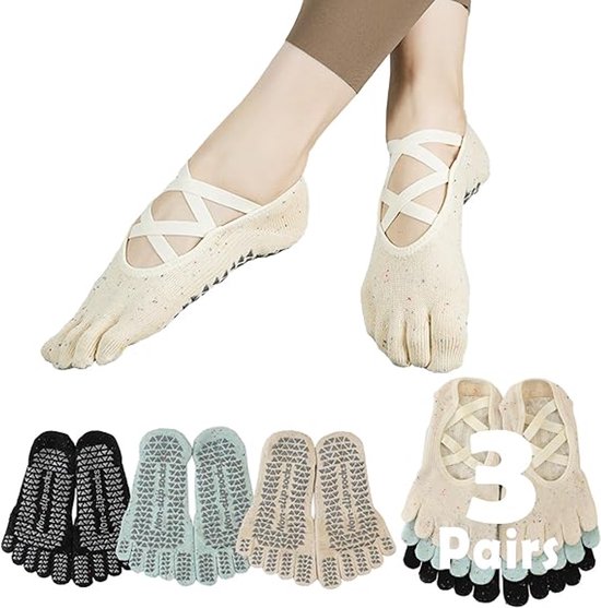 Set van 3 paar antislip yogasokken voor dames met antisliphandvatten en -bandjes van Merkloos