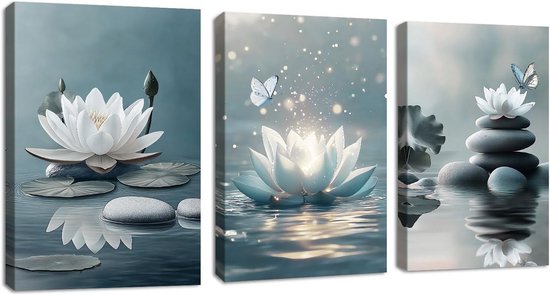 Set van 3 Zen Canvas Wanddoeken Blauw Grijs met Lotusbloemen en Vlinder voor Yoga en Spa Decoratie