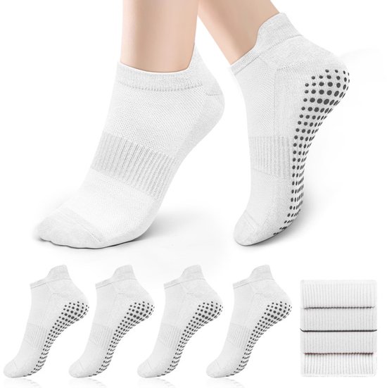 Set van 4 paar antislip-sportsokken – Stijl voor pilates en yoga (dames) – Eén maat (geschikt voor maat 36–41) – Zool met grip – Geschikt voor ballet, dans, revalidatie en fitness – Unisex - Wit