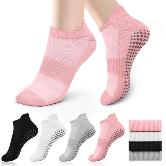 Set van 4 paar antislip-sportsokken – Stijl voor pilates en yoga (dames) – Eén maat (geschikt voor maat 36–41) – Zool met grip – Geschikt voor ballet, dans, revalidatie en fitness – Unisex - Zwart + Wit + Grijs + Roze