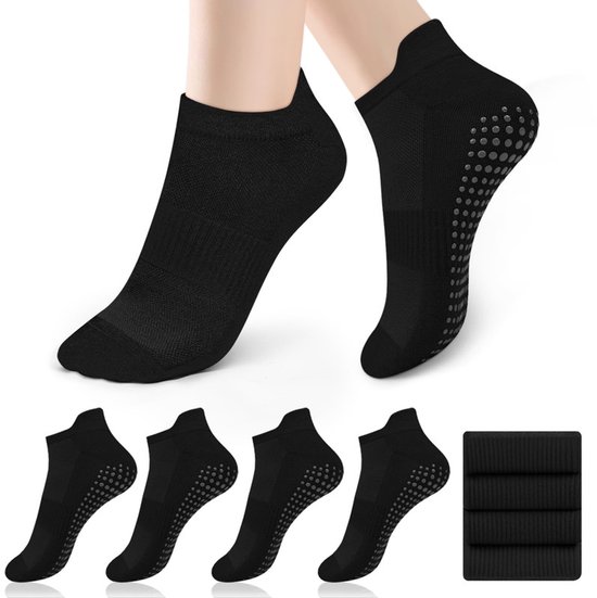 Set van 4 paar antislip-sportsokken – Stijl voor pilates en yoga (dames) – Eén maat (geschikt voor maat 36–41) – Zool met grip – Geschikt voor ballet, dans, revalidatie en fitness – Unisex - Zwart