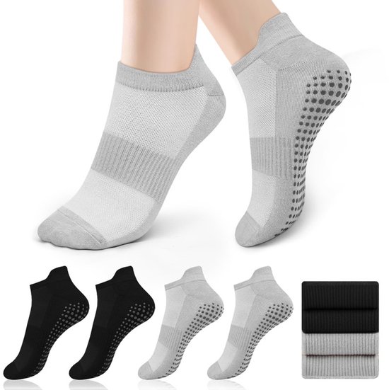 Set van 4 paar antislip-sportsokken – Stijl voor pilates en yoga (dames) – Eén maat (geschikt voor maat 36–41) – Zool met grip – Geschikt voor ballet, dans, revalidatie en fitness – Unisex - Zwart+Grijs