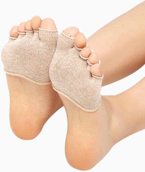 Set van 4 paar teensokken: 5 paar onzichtbare sportsokken voor yoga, de voorvoet, dames en antislipzolen, kaki