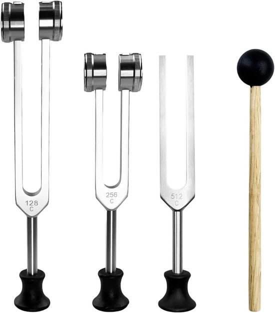 Set van 4 Stemvorken (128, 256, 512 Hz) met Hamer voor Therapie en Ontspanning