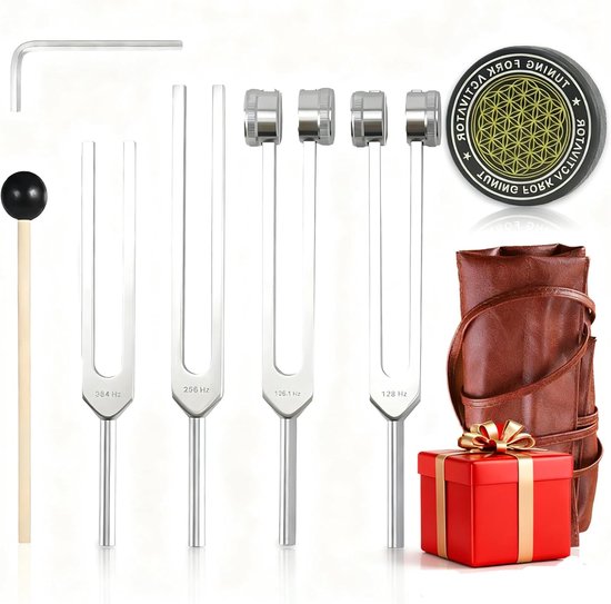Set van 4 Tuning Forks voor Genezing - Chakra Set met 128Hz, 256Hz, 384Hz en 136.1Hz - Ideaal voor Yoga, Meditatie en Ontspanning met Opbergtas van Leer