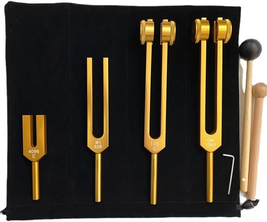 Set van 4 Verzwaarde Stemvorken 128 Hz, 136.1 Hz, 440 Hz, 528 Hz - Klanktherapie voor Meditatie en Heling van Merkaba