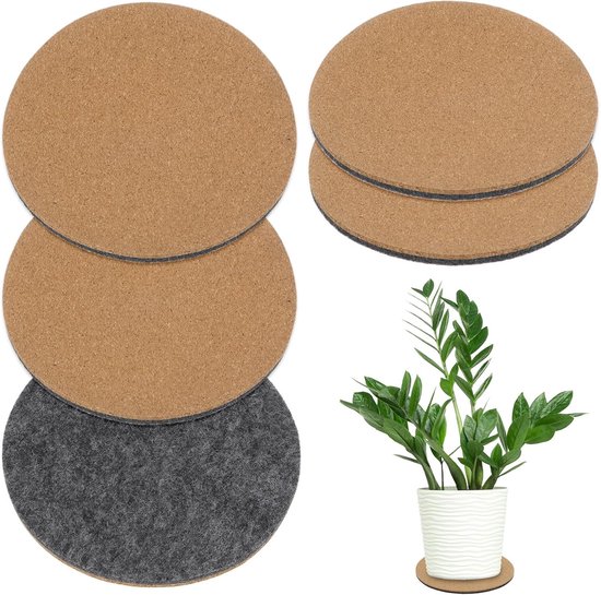Set van 5 Kurk Plant Coasters - 10cm Stof Plant Mat - Kurk Pads voor Planten/Plant Coaster Mat voor Binnen en Buiten/Kurk Matten voor Binnenplanten [Grijs]