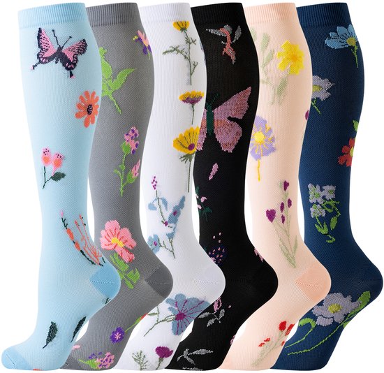 Set van 6 paar lange kousen - Compressiesokken - Sportcompressiesokken - Compressiesokken combiset - Lange compressiesokken voor dames - Compressiesokken voor dames - Elastische yogasokken - Kuitsokken - L/XL van Merkloos