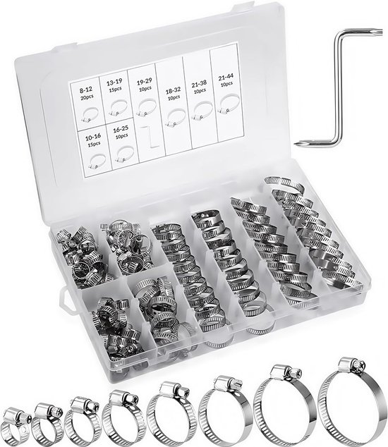 Set van 73 Stukjes - Verstelbare 6-38mm Slangenklem - Assortiment van RVS Pijpklemmen - 7 Maten - Waterpijp Slangenklemmen - Auto Lijn - Huishoudelijk Gasbuis van VONROC