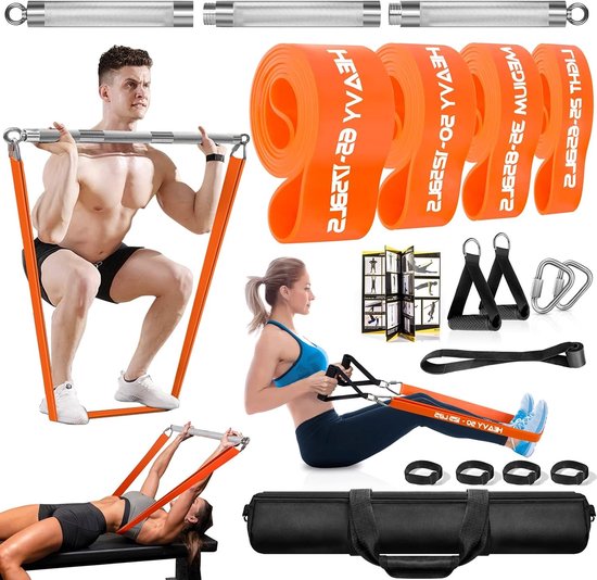 Set van Weerstandsbanden met Afneembare Oefenstang, 4 Niveaus Pull-Up Bands - 500lbs Fitness Workout Kit voor Krachttraining, Pilates en Yoga - Thuis Gym Apparatuur voor Sport en Fitness