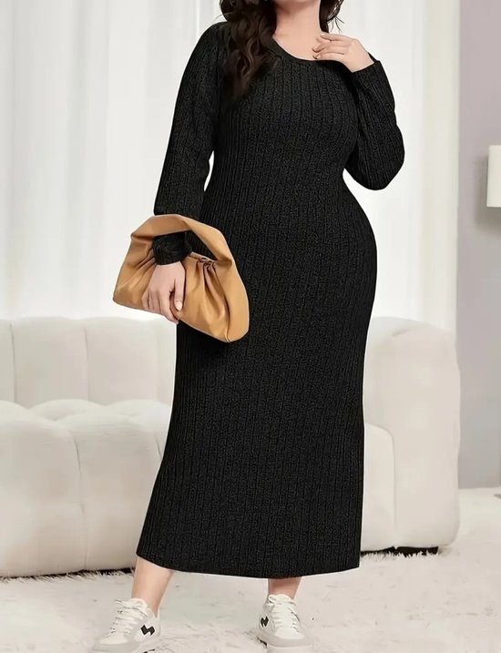 Sexy corrigerende warme geplisseerde stretch trui jurk zwart lang plus size grote maat 5XL EU 52/54 van Merkloos