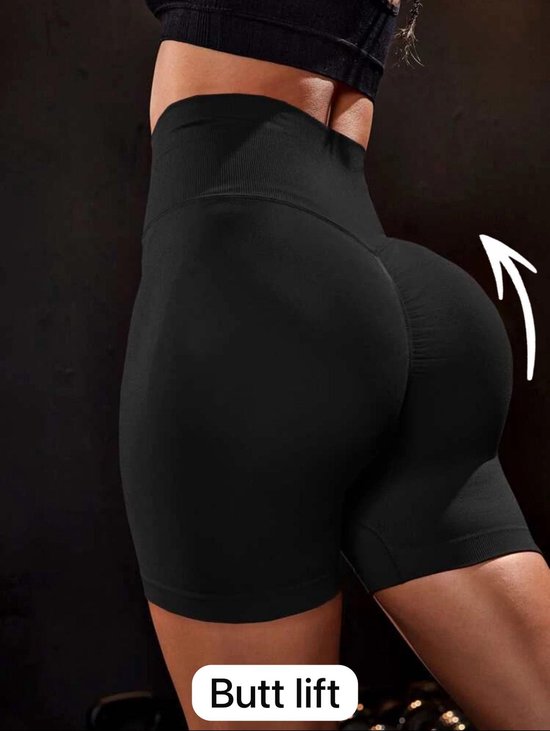 Shorts - Legging - Korte broek - Korte legging - Sport short - Trainingsshort - Fitness short - BBL legging - Butt lifting - Push-up - Stretch - High waist - Shaping - Afslankend - Corrigerend - Naadloos - Seamless - Ademend - Zwart - Maat S van Merkloos