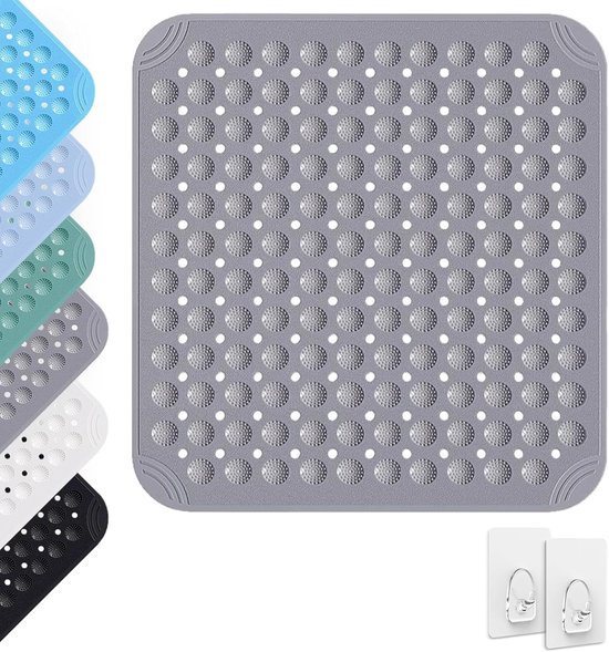 Shower Mat 80 x 80 cm - Non-Slip Mat met Zuignappen - PVC Mat met Afvoergaatjes - Massage Mat met 2 Haken - Machinewasbaar voor Douche en Sauna - Grijs
