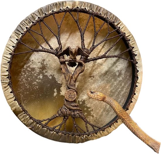 Sjamanistische Trommel - Rituele Percussie - Spirituele Ceremonie - Handgemaakt Levensboom - 30cm Diameter - Adelaar van Merkloos