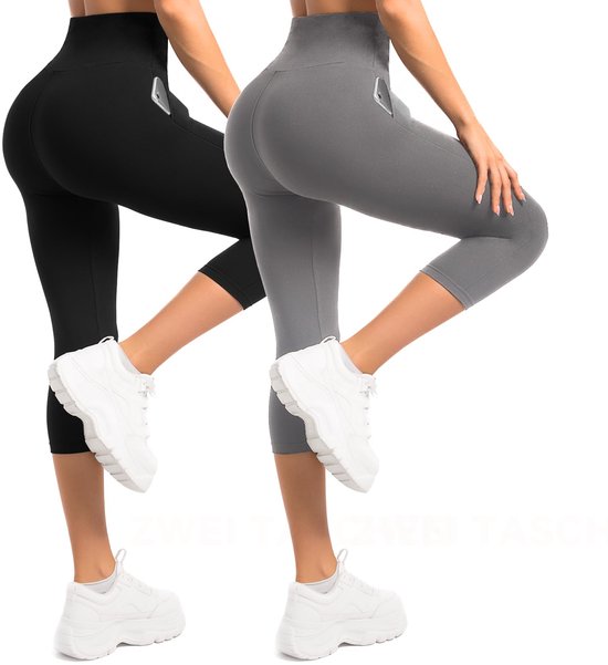 SnelShoppen - 3/4 Leggings Dames met Zakken - 2-Pack Capri-Leggings Hoge Taille - Zachte Rekbare Broek voor Work-outs, Gym en Yoga - Zwart/Grijs, S-M