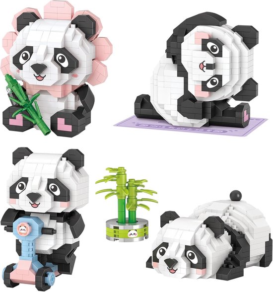 SnelShoppen - 4-delige Mini Panda Bouwblok Set - Schattige Panda Modellen - Skateboarden, Yoga, Bloemen, Liegend - Kindvriendelijk ABS Plastic - Decor
