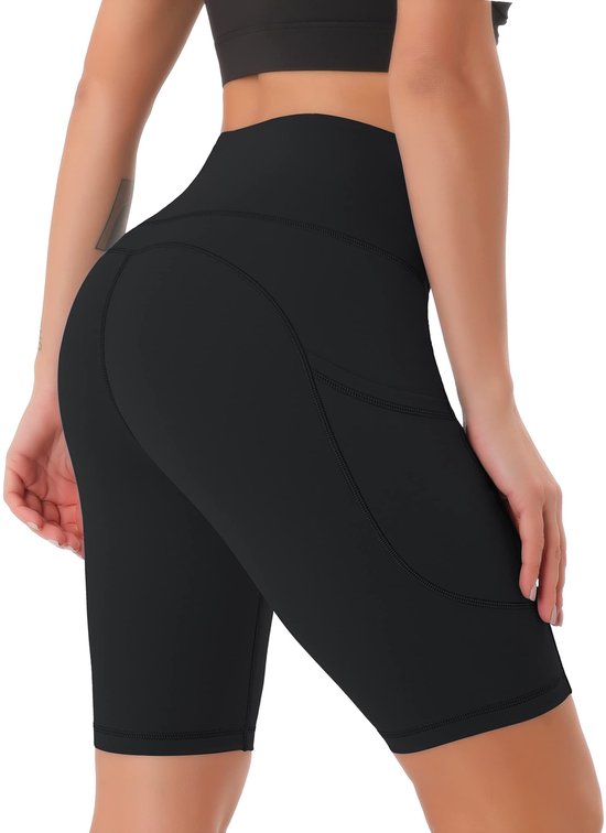 SnelShoppen - Dames Korte Leggings, Ondoorzichtige Fietsbroek met Zakken, Zwart, M - Perfect voor Sport, Fitness, Casual en Dagelijks Gebruik