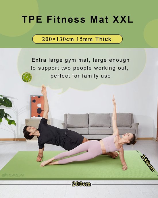 SnelShoppen - Grote fitnessmat 200 × 130 cm - 15 mm extra dikke yogamat, TPE antislip-trainingsmat voor thuisgymnastiek, pilates en stretchgymnastiek van Snelshoppen