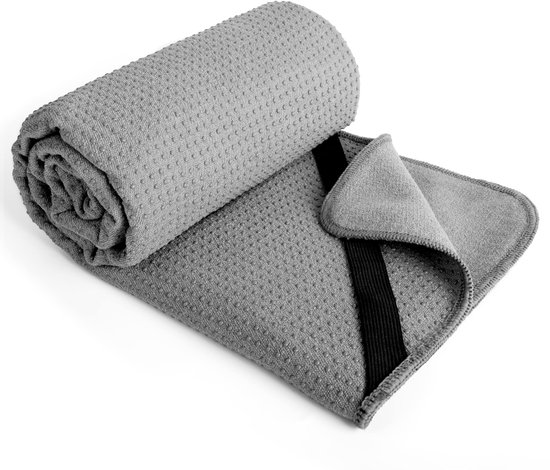 SnelShoppen - Microvezel Hot Yoga Handdoekmat met Antislip Siliconen Grip en Elastische Band, 61 x 183 cm, Grijs, Ideaal voor Yoga en Fitness