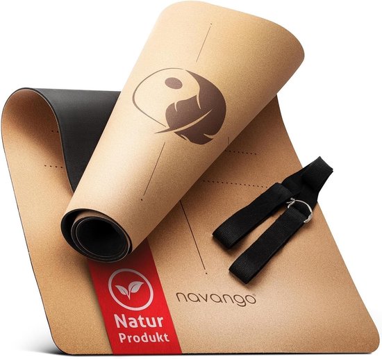 SnelShoppen - Natural Cork Yoga Mat 183x61cm - Antibacterieel, Non-slip, 4mm Dikte met Draagriem & Houdinglijnen - Duurzame Mat voor Yoga, Pilates, Fi