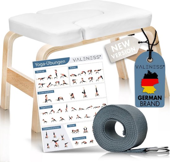 SnelShoppen - VALENESS Yoga hoofdstandkruk - hoogwaardige yogabruk met yogablok, poster met oefeningen - yoga-stoel voor handstand van massief natuurl