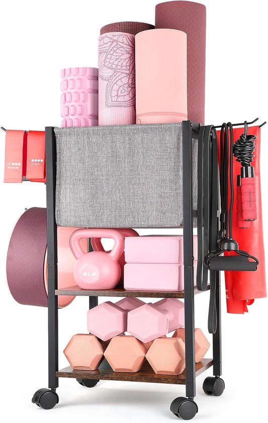 SnelShoppen - Yoga Mat Storage Rack - Multilayer Yoga Mat Holder - Gym Equipment - Dumbbell Rack met Hooks en Wielen - Thuis Gym Opslag voor Yoga Blok