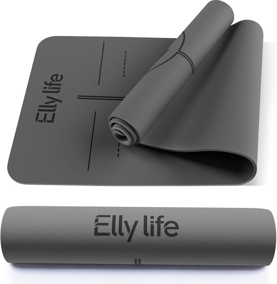 SnelShoppen - Yogamat 5 mm PU Antislip met Uitlijnstreep, Niet-giftig Rubber, Geurvrij, Ideaal voor Yoga, Pilates, Meditatie, 183 x 61 x 0,5 cm, Donke