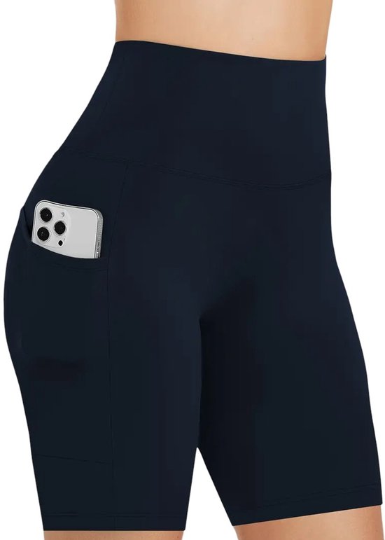 SOFTFLOW Korte Sport Broek - Met Zakken - Half Lang - Super Soft - Short Pocket Legging - Short - Dames - Sportbroek - Sportlegging - Korte Broek - met zakken - Comfortabel - Navy Blue - Donkerblauw - Maat XS van Merkloos