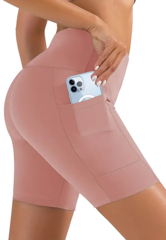 SOFTFLOW Korte Sport Broek - Met Zakken - Half Lang - Super Soft - Short Pocket Legging - Short - Dames - Sportbroek - Sportlegging - Korte Broek - met zakken - Comfortabel - Roze - Maat XL van Merkloos