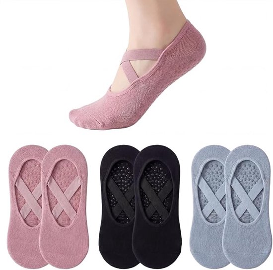 Sogiol® 3-Pack Yoga Sokken Antislip Dames - Gripsokken Pilates Yogasokken - Ademende Fitness- en Danssokken - One Size - Zwart, Grijs, Roze